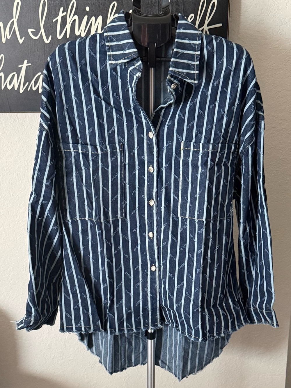 POL Vertical Stripe Button-Down Denim Shirt NEW